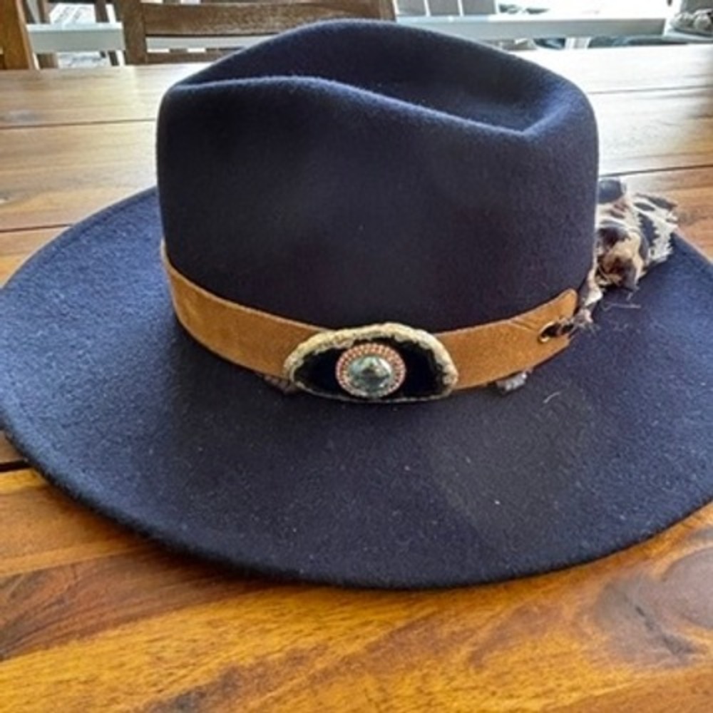 Wyeth Navy Wool Rancher Fedora Hat Concho Leopard Band‎ Boho Western